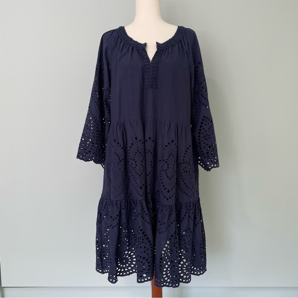 RUBYYAYA Eyelet Flare Sleeve Tiered Bohemian Midi Dress in Navy